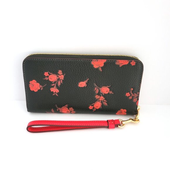 Coach CCL36 Long Zip Around Wallet Floral Print Pebbled Leather Black Red - Picture 3 of 7